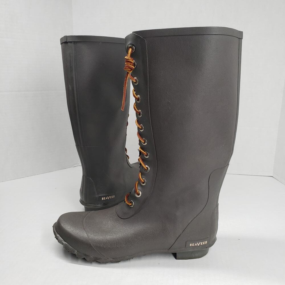 SeaVees Off Shore Tall Rubber Rain Boots Mens 10 Gray Winter Fisherman Flannel